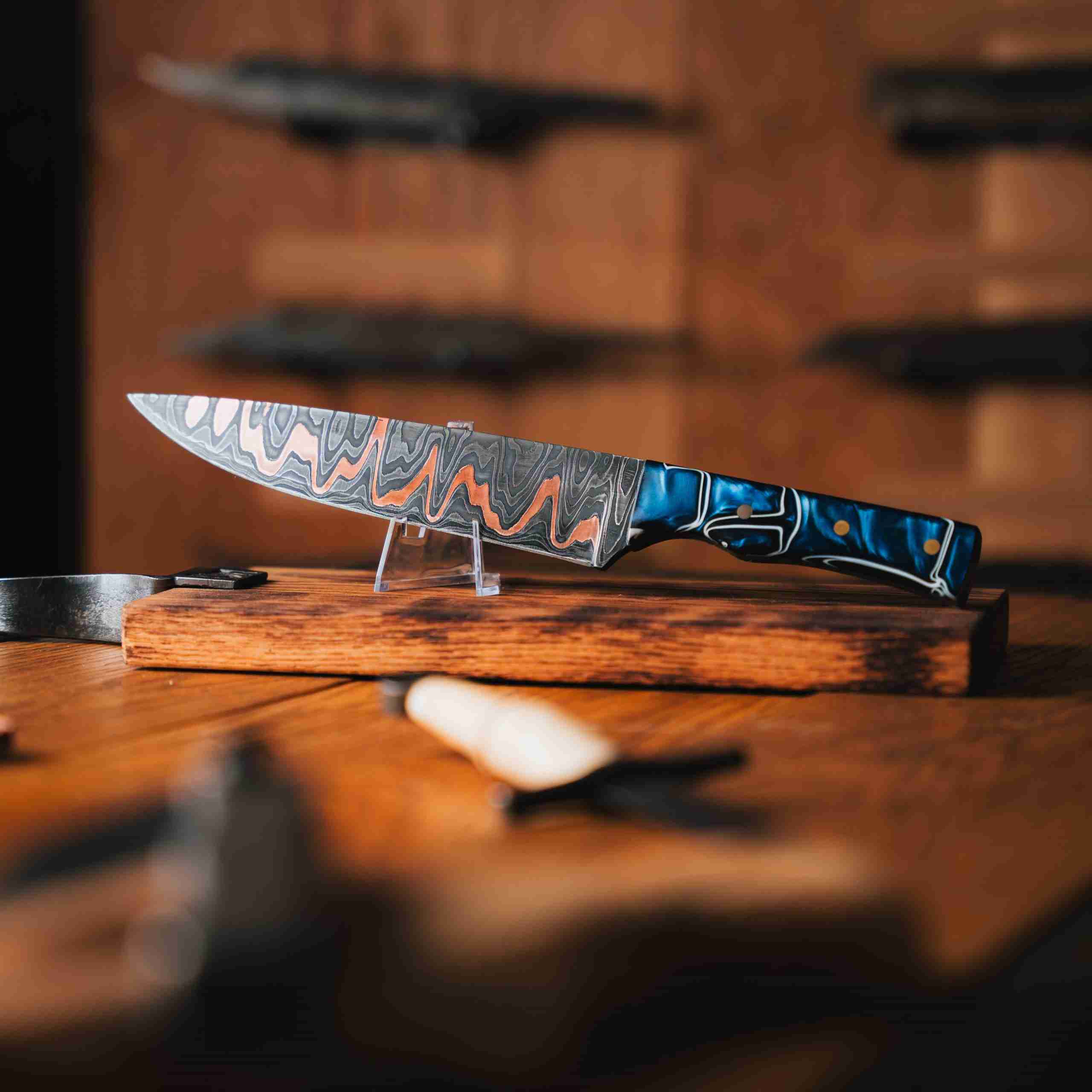 Damascus Chef knife with copper detail